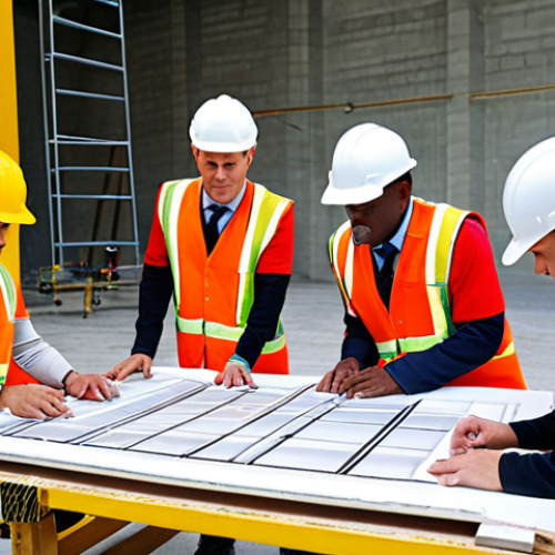 Home 16 **Teamwork in Construction:** A diverse team collaborating on a large construction project, emphasizing coordination and individual contributions to a successful outcome. Capture the essence of a well-oiled machine.