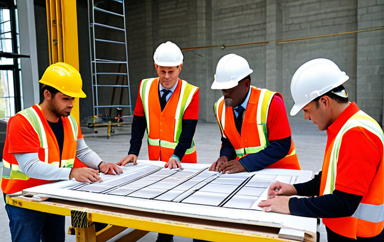 **Teamwork in Construction:** A diverse team collaborating on a large construction project, emphasizing coordination and individual contributions to a successful outcome. Capture the essence of a well-oiled machine.