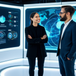 A diverse group of professional creators, including a man and a woman, standing together in a futuristic, collaborative innovation hub. They are dressed in modern, professional smart casual attire, engaging with interactive holographic displays that visualize data, AI insights, and immersive design concepts. The environment is bright and dynamic, filled with soft, futuristic lighting and sleek architectural lines, symbolizing the evolution and influence of the creator economy. perfect anatomy, correct proportions, natural pose, well-formed hands, proper finger count, natural body proportions, fully clothed, appropriate attire, professional dress, safe for work, appropriate content, professional, high-resolution cinematic photography, vibrant colors.