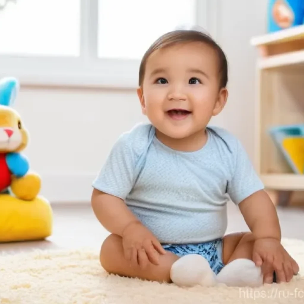 인공지능과 예술의 경계 - **Prompt:** A cheerful toddler, around 18 months old, sitting playfully on a soft, pastel-colored ru...