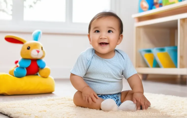 인공지능과 예술의 경계 - **Prompt:** A cheerful toddler, around 18 months old, sitting playfully on a soft, pastel-colored ru...