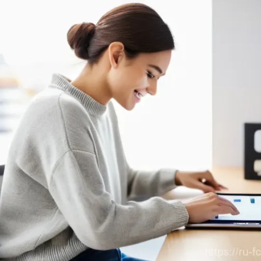 디지털 콘텐츠의 사용자 경험 UX - **Prompt:** A young adult woman, approximately 20-25 years old, with a bright, genuine smile, sittin...