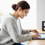 디지털 콘텐츠의 사용자 경험 UX - **Prompt:** A young adult woman, approximately 20-25 years old, with a bright, genuine smile, sittin...