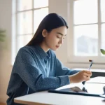 미래 디지털 콘텐츠 제작 방법 - **A creative individual collaborating with AI.** A young woman, appearing to be in her early 20s, dr...