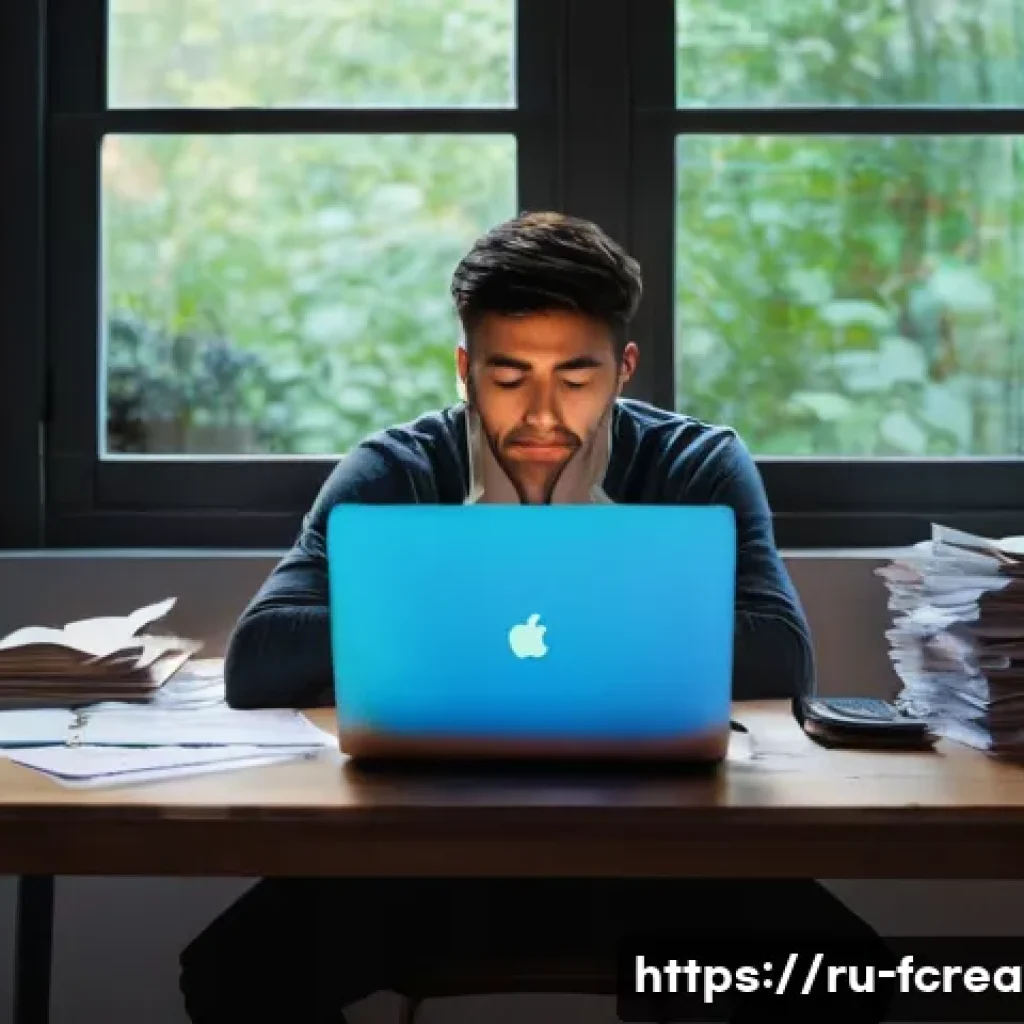 크리에이터의 스트레스 관리 - **"A person in their late 20s to early 30s, dressed in comfortable, slightly rumpled casual clothes,...