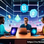 웹3 0 시대의 크리에이터 - A futuristic digital art scene showing a diverse group of content creators interacting with their au...