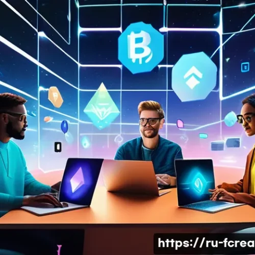 웹3 0 시대의 크리에이터 - A futuristic digital art scene showing a diverse group of content creators interacting with their au...