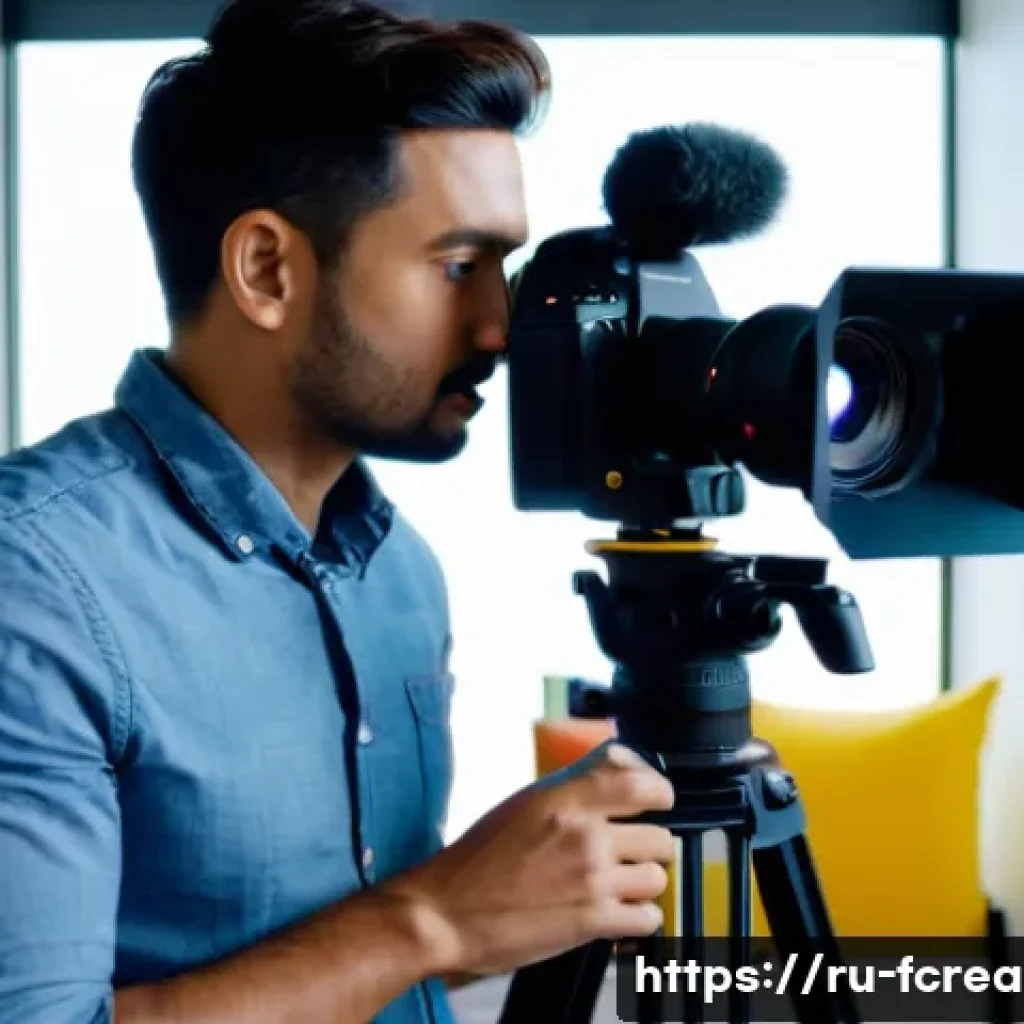 디지털 콘텐츠 제작을 위한 장비와 소프트웨어 - A professional video creator setting up a modern mirrorless camera with a large fixed lens featuring...