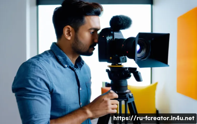 디지털 콘텐츠 제작을 위한 장비와 소프트웨어 - A professional video creator setting up a modern mirrorless camera with a large fixed lens featuring...