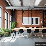 미래형 크리에이티브 공간 - A modern creative hub interior in Russia, showcasing a spacious, industrial-style workshop with larg...