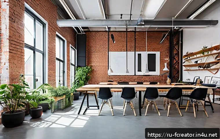 미래형 크리에이티브 공간 - A modern creative hub interior in Russia, showcasing a spacious, industrial-style workshop with larg...