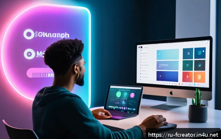 미래 크리에이터를 위한 콘텐츠 플랫폼 - A modern digital content creator’s workspace showcasing multiple screens displaying various content ...