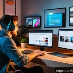 미래형 크리에이터의 수익화 전략 - A modern Russian content creator workspace showing a young adult sitting at a sleek desk with multip...