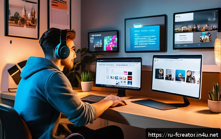 미래형 크리에이터의 수익화 전략 - A modern Russian content creator workspace showing a young adult sitting at a sleek desk with multip...
