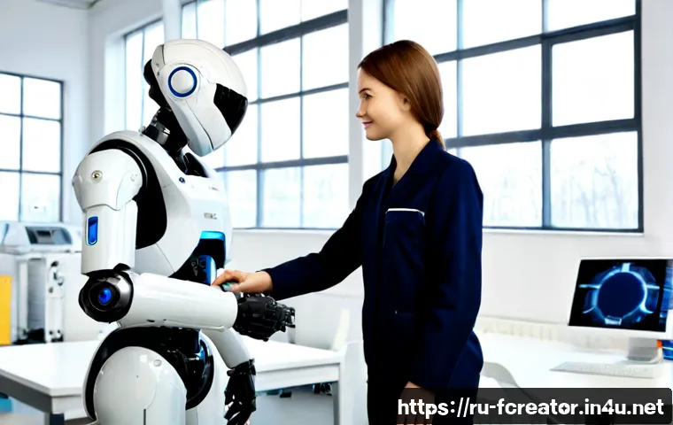 Home 17 미래 직업 전망 2030 - Photorealistic modern Moscow workspace in 2030, confident young Russian robotics technician in pract...